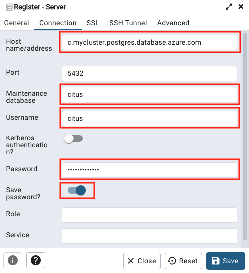 Captura de tela que mostra as configurações de conexão pgAdmin.