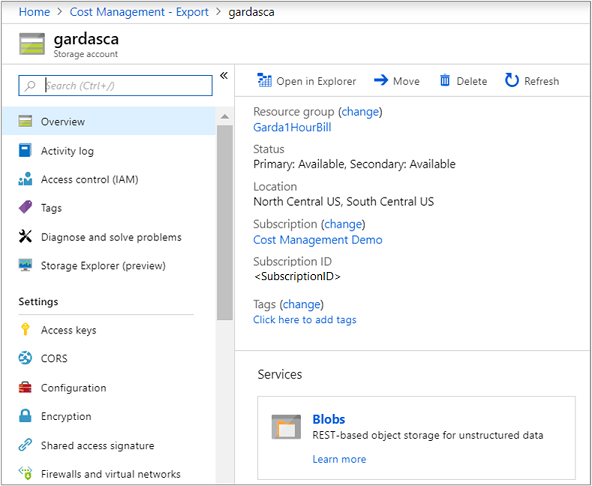 Captura de tela mostrando a página de conta de armazenamento com informações de exemplo e link para Abrir no Explorer.