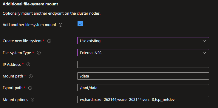 Captura de tela da montagem adicional do sistema de arquivos para um NFS externo existente