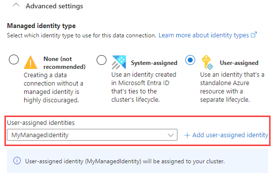 Captura de tela da seção de configurações avançadas mostrando os tipos de identidade gerenciada que podem ser usados ​​para a conexão de dados.