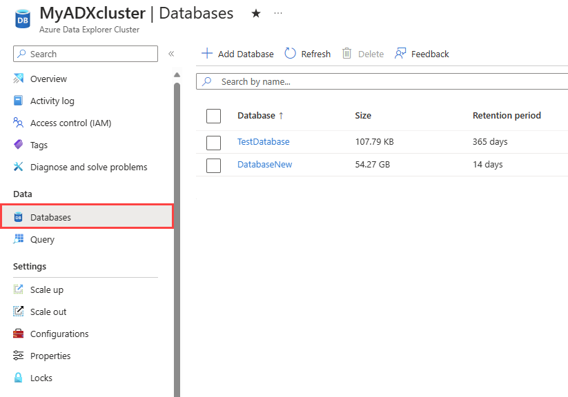 Captura de tela da seção de banco de dados do cluster mostrando uma lista de bancos de dados que ele contém.