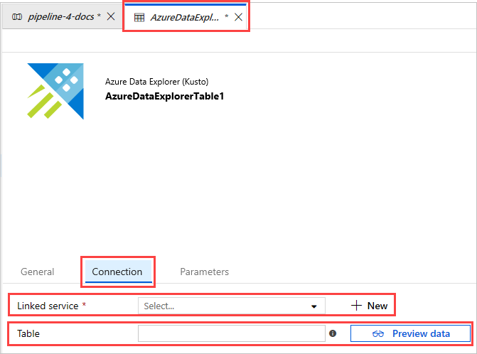 Edição das propriedades do conjunto de dados do Azure Data Explorer.