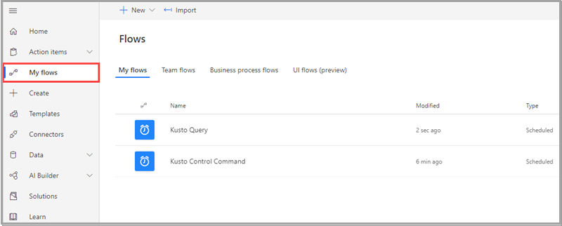 Captura de tela do Power Automate menu principal, mostrando Meus fluxos em destaque.