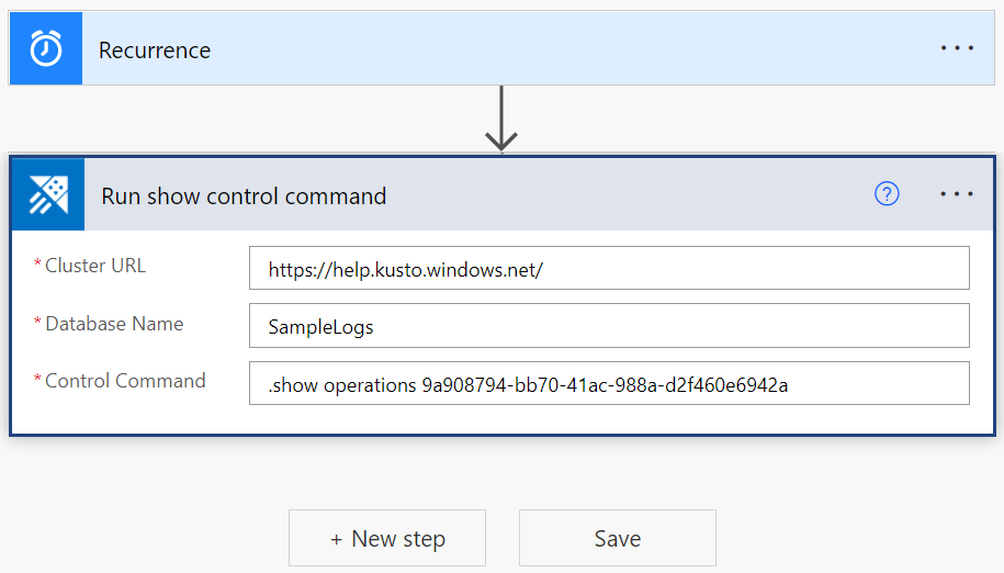 Captura de tela do conector do Azure Data Explorer, mostrando a ação do comando Executar show de gerenciamento.