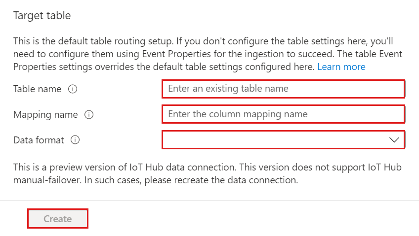 Captura de tela da interface do usuário da Web do Azure Data Explorer, mostrando as configurações de roteamento padrão no formulário Tabela de destino.