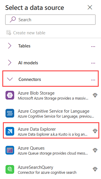 Captura de tela da página do aplicativo mostrando uma lista de conectores de dados. O conector intitulado Azure Data Explorer é realçado.