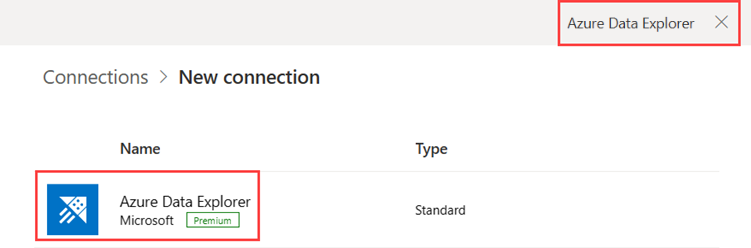 Captura de tela da nova página de conexão, mostrando a pesquisa e selecione a conexão do Azure Data Explorer.