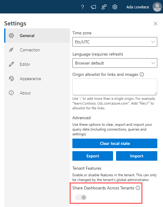 Captura de tela da habilitação do compartilhamento de dashboard nas configurações.