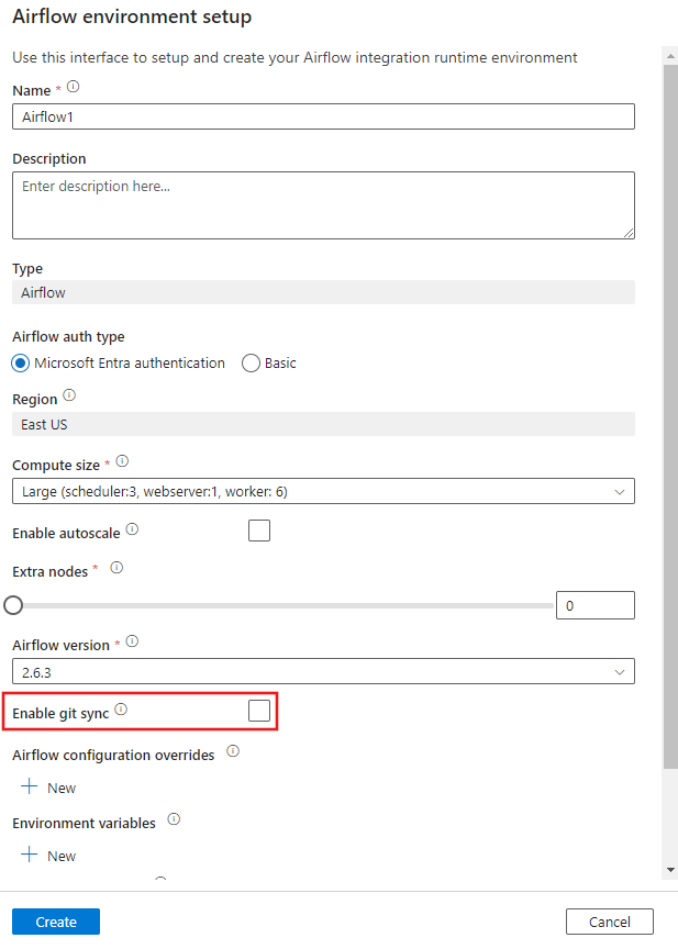 Captura de tela mostrando a caixa de seleção Habilitar sincronização do Git na caixa de diálogo de configuração do ambiente do Airflow que aparece durante a criação de um runtime de integração do Airflow.