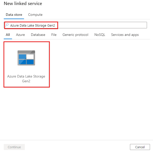 Selecionar o conector Azure Data Lake Storage Gen2.