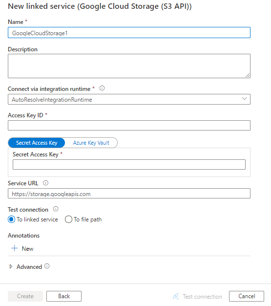 Configurar um serviço vinculado ao Google Cloud Storage.