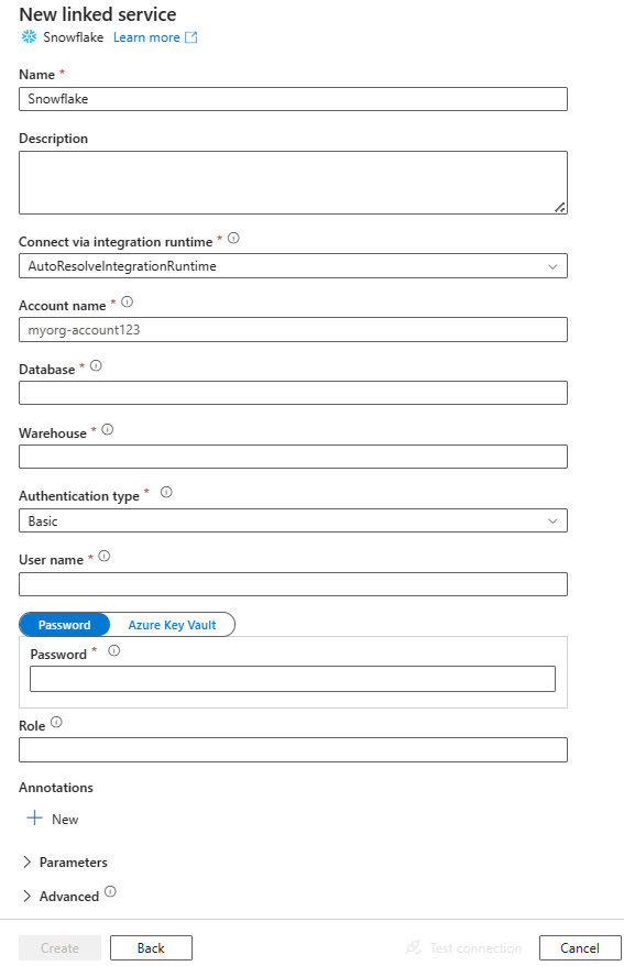 Captura de tela da configuração do serviço vinculado para Snowflake.