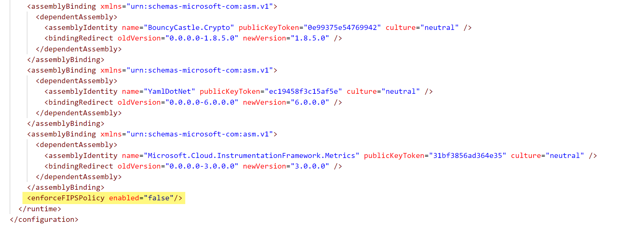 Captura de tela de uma seção do arquivo diawp.exe.config mostrando FIPS desativado.