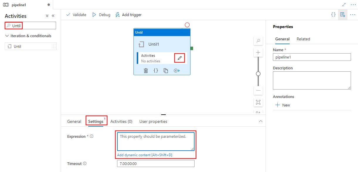 Mostra a guia Configurações da atividade Until na tela do pipeline.