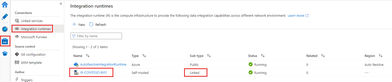 Seleções para localizar um runtime de integração vinculado