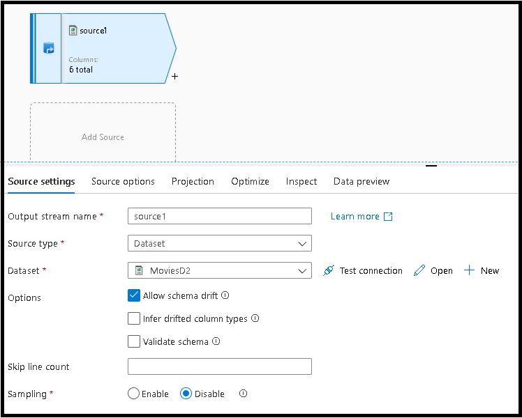 Captura de tela do painel Configurações de origem para adicionar um tipo de origem.