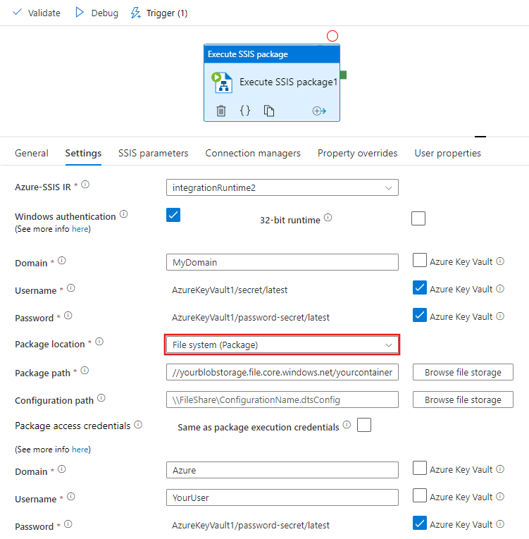 Definir propriedades na guia Configurações – Sistema de Arquivos (Pacote)