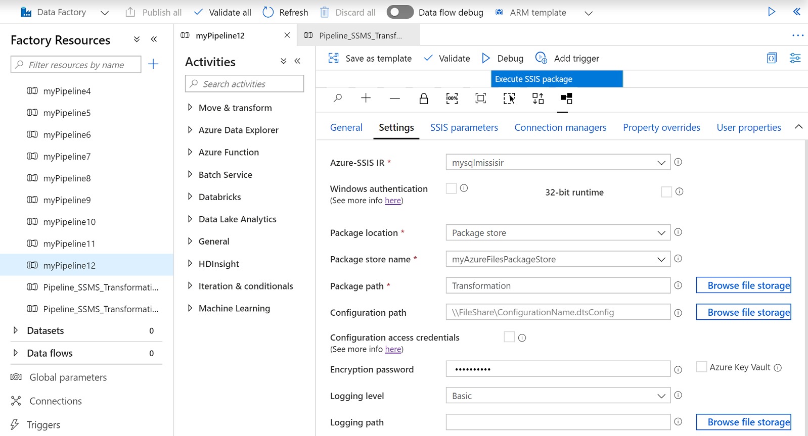 Definir propriedades na guia Configurações — Repositório de pacotes