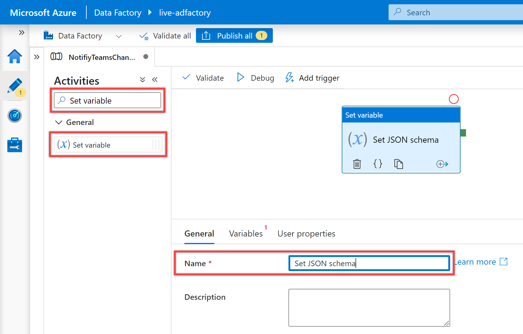 Shows the "Set variable" activity general tab.