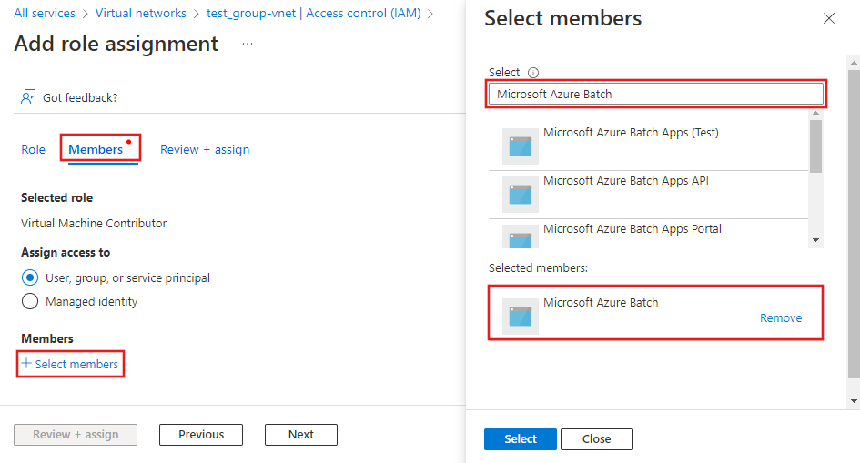 Captura de tela mostrando a entidade de serviço do Lote do Microsoft Azure.