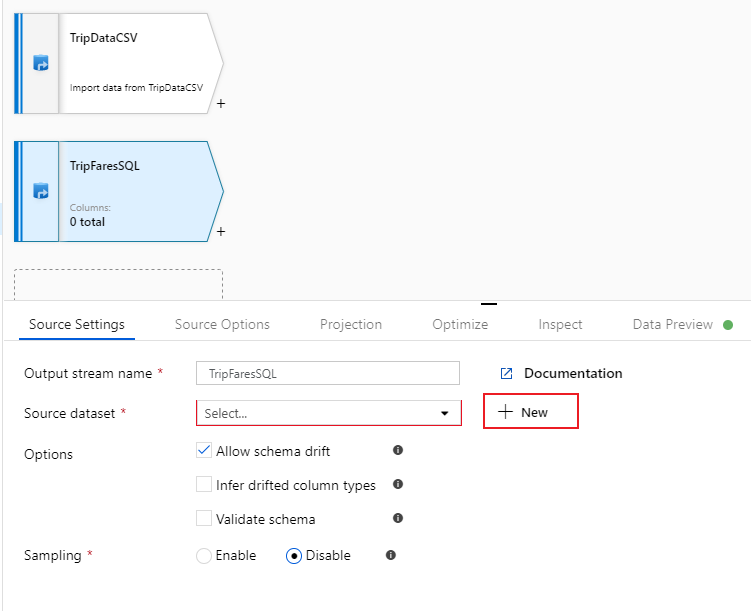 Captura de tela do portal do Azure do novo conjunto de dados de origem em outra etapa de copiar dados no fluxo de dados.