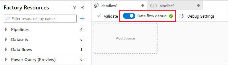 Captura de tela do portal do Azure das páginas recursos de fábrica, com o botão de depuração de fluxo de dados habilitado.