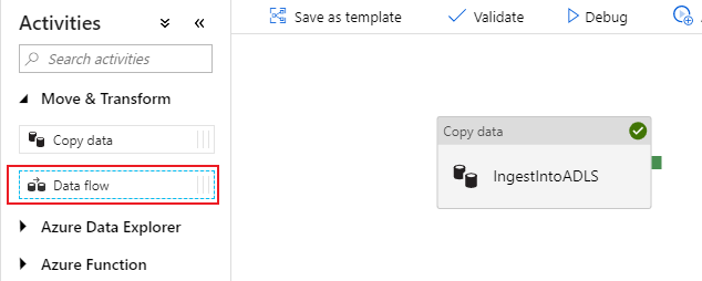 Captura de tela do portal do Azure da opção de fluxo de dados no menu Mover e Transformar.