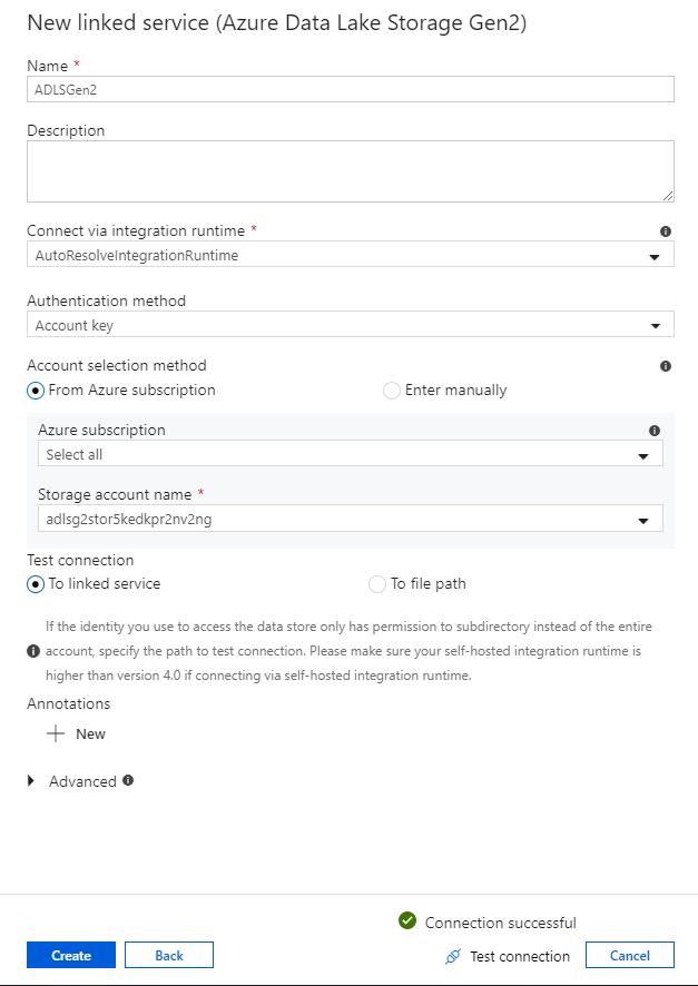 Captura de tela do portal do Azure de configurar um novo serviço vinculado do ADLS Gen2.