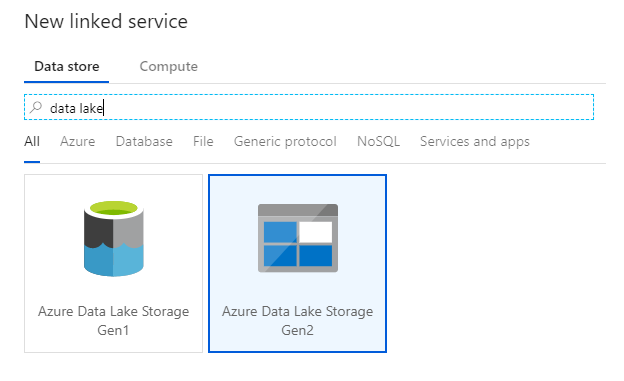 Captura de tela do portal do Azure para criar um novo serviço vinculado do ADLS Gen2.