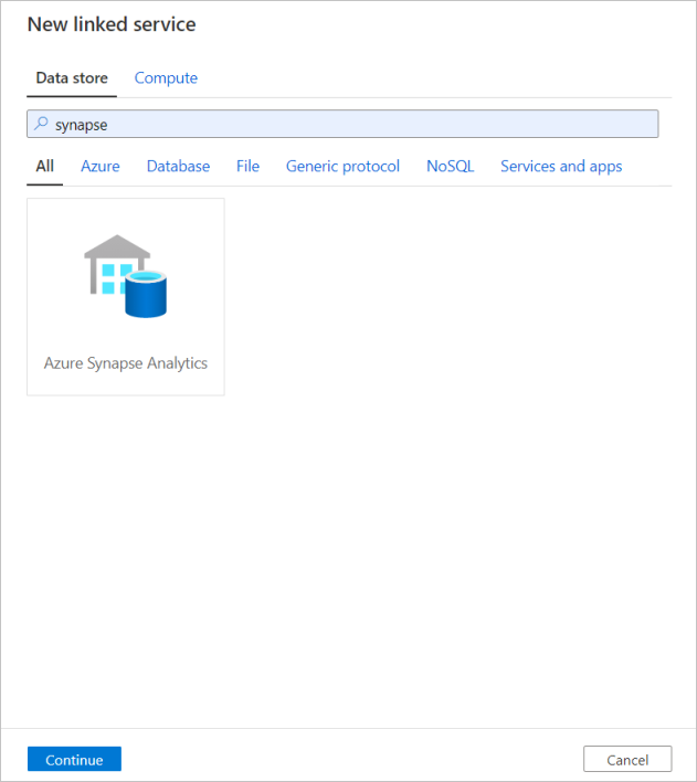 Captura de tela do portal do Azure para criar um novo serviço vinculado do Azure Synapse Analytics.