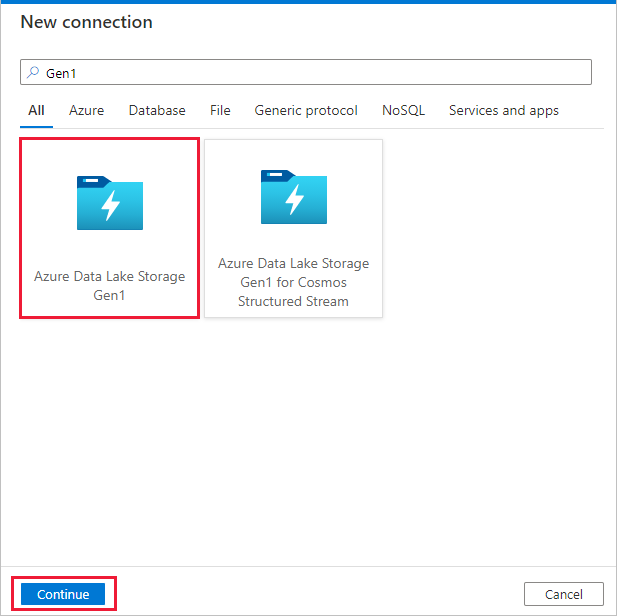 Captura de tela mostrando a página de seleção da conexão do Azure Data Lake Storage Gen1.