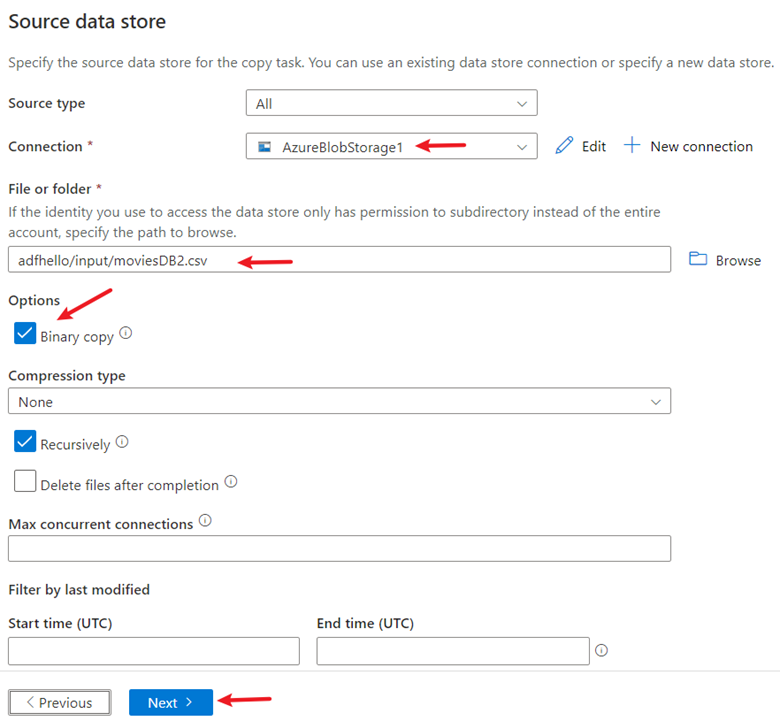 Captura de tela que mostra a página do repositório de dados de origem.