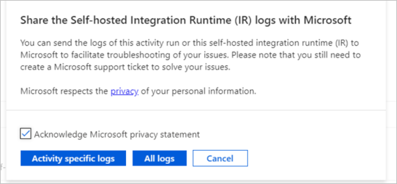 Captura de tela da janela "Compartilhar os logs do IR (runtime de integração) auto-hospedado com a Microsoft".