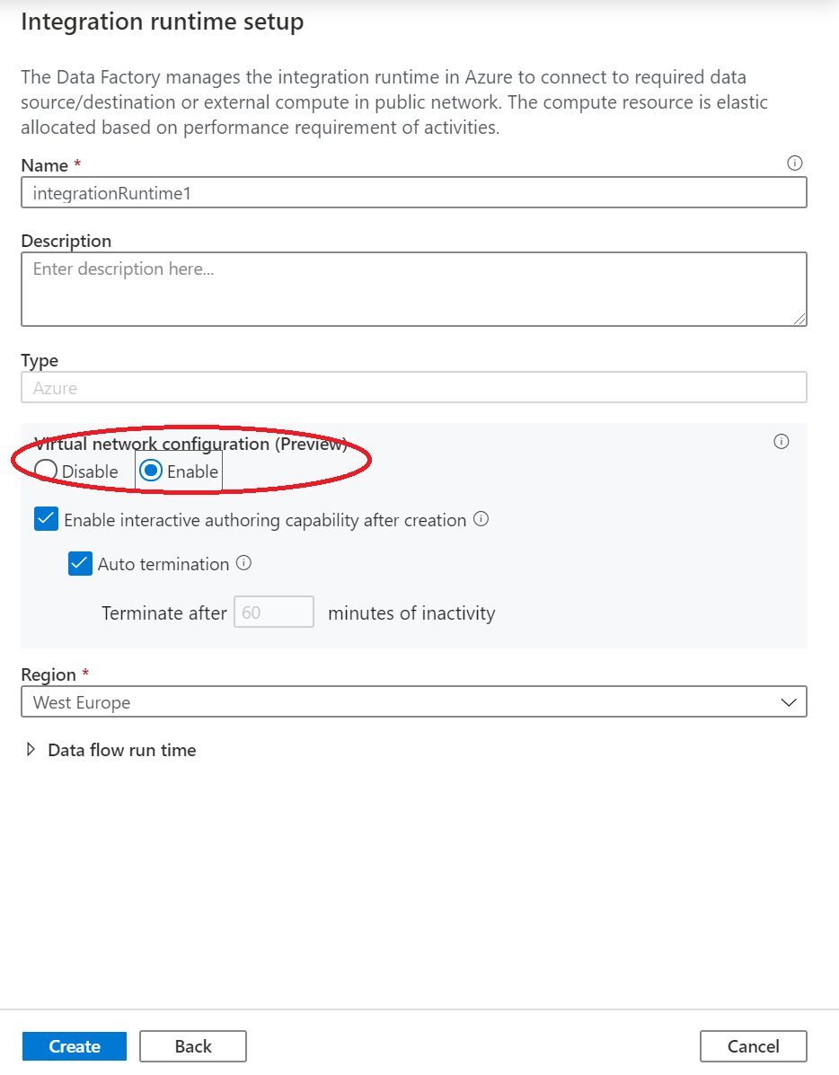 Captura de tela que mostra a habilitação de um novo Azure Integration Runtime.