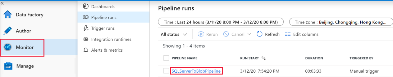 Monitorar execuções de pipeline