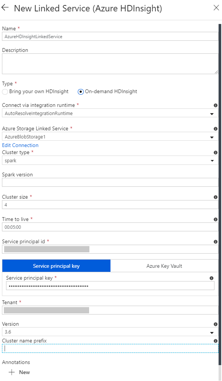 Configurações de serviço vinculado ao HDInsight