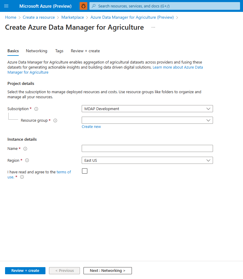 Captura de tela mostrando o fluxo de criação de recursos do Gerenciador de Dados para Agricultura no portal do Azure.