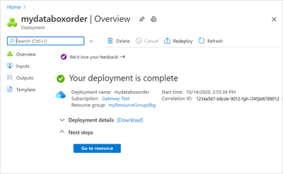 Captura de tela de um pedido completo do Data Box Gateway