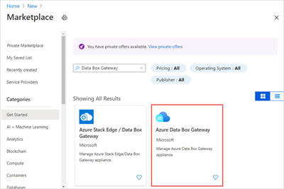 Captura de tela mostrando o Azure Data Box Gateway incluído nos resultados da pesquisa do Azure.