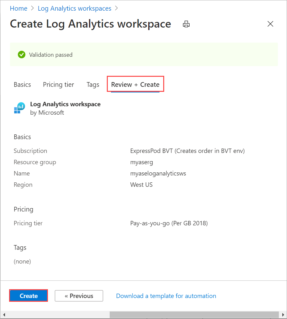 Revisar + Criar para o workspace do Log Analytics