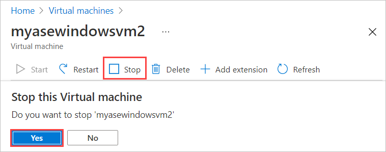 Captura de tela mostrando o prompt de confirmação para interromper uma máquina virtual no Azure Stack Edge.