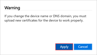 Captura de tela do Aviso na página Dispositivo da IU da Web local de um dispositivo do Azure Stack Edge. O botão OK está realçado.