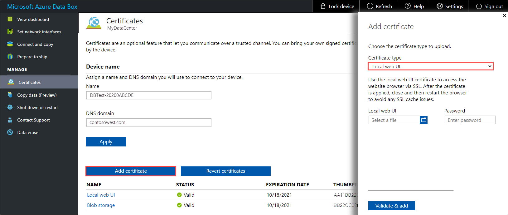 Painel para adicionar certificados na página certificados para um dispositivo Data Box