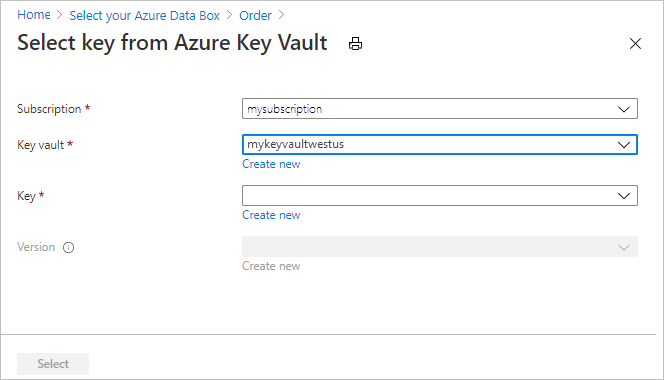 Tela Selecionar chave do Azure Key Vault