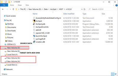 Captura de tela da unidade de origem de dados e letras de unidade atribuídas ao Azure Data Box Disk.