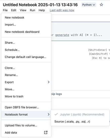 O menu do ficheiro do espaço de trabalho, expandido, mostrando a opção de formato do notebook.