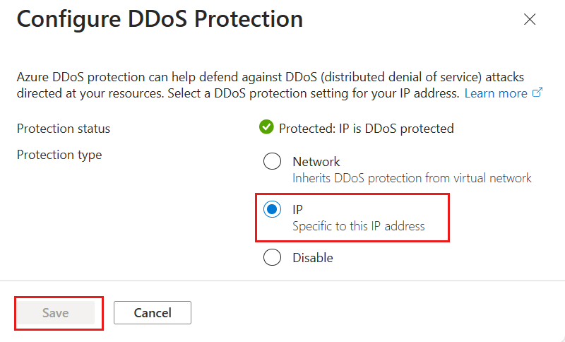 Captura de tela da seleção da Proteção de IP em Propriedades de IP Público.