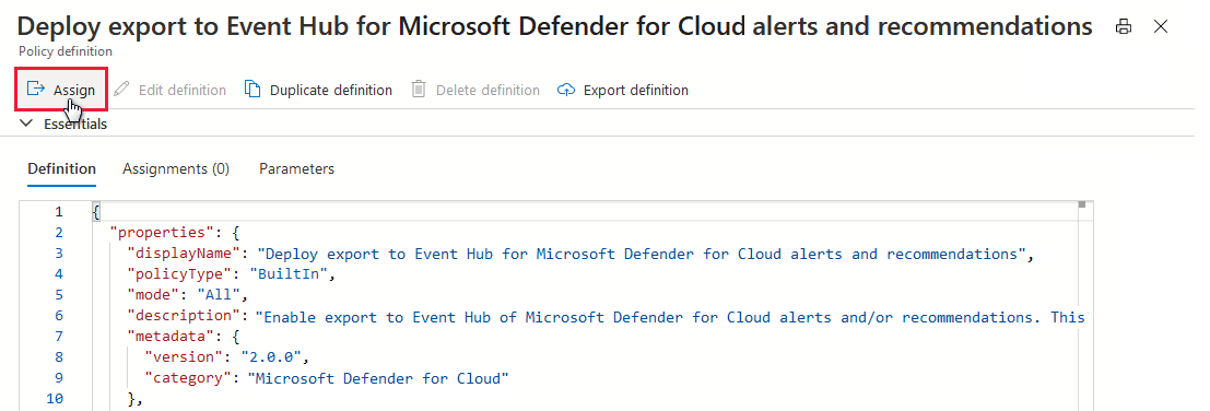 Captura de tela que mostra a atribuição do Azure Policy.