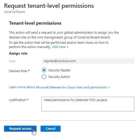 Página de detalhes para solicitar permissões em todo o locatário do Administrador global do Azure.