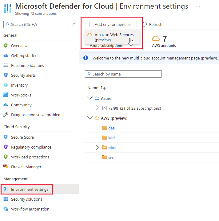 Use a nova página de configurações de ambiente para conectar suas contas do AWS.